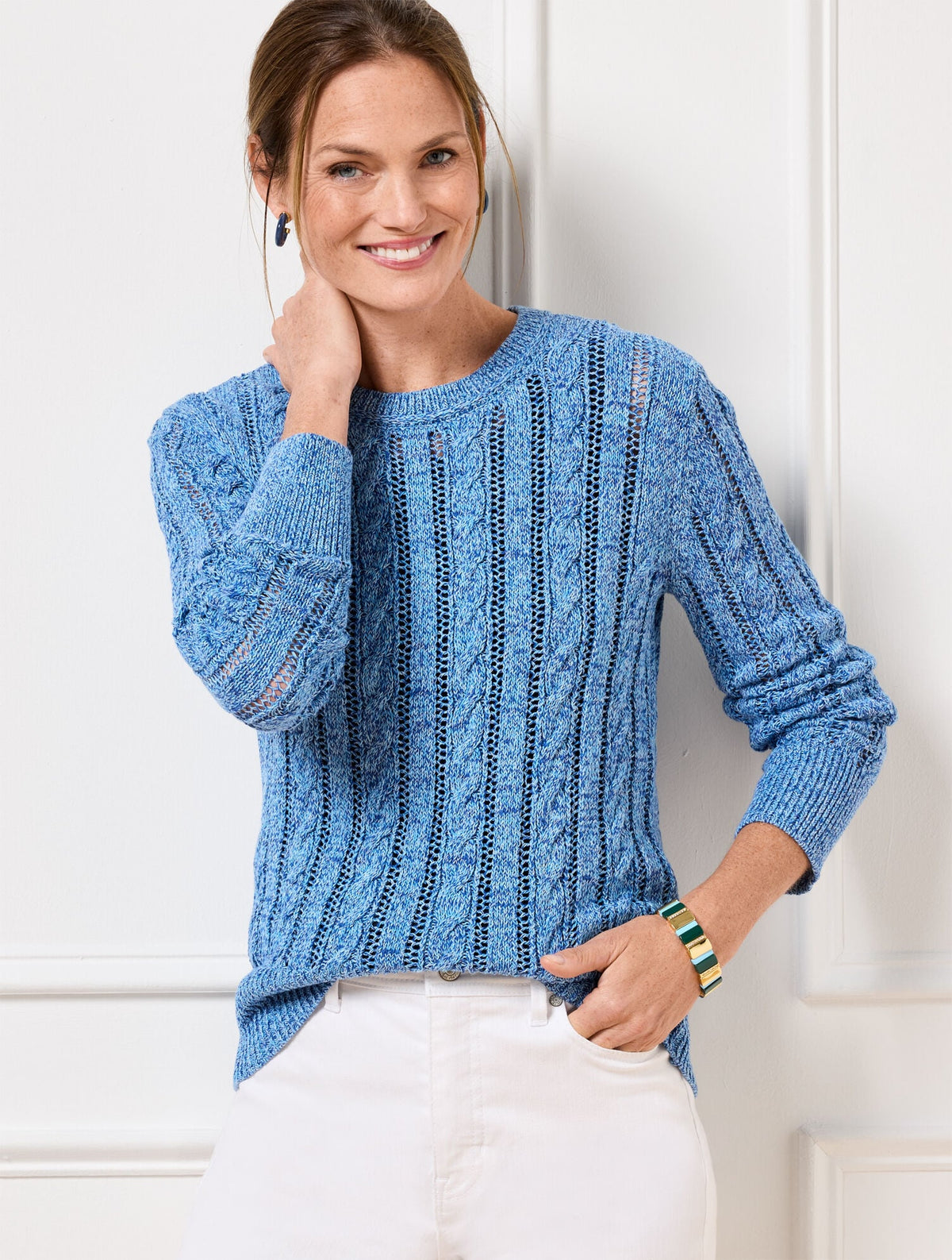 OPEN KNIT CABLE CREWNECK SWEATER - MARL | Talbots