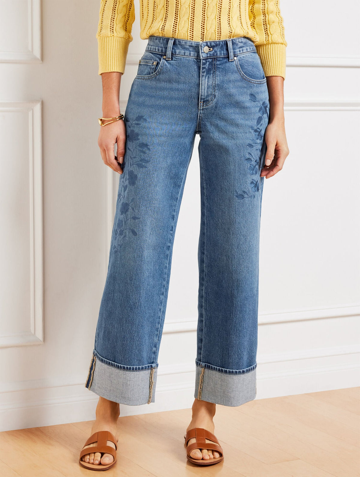 WIDE STRAIGHT ANKLE EMBROIDERED CUFF JEANS - BOTANICA WASH | Talbots