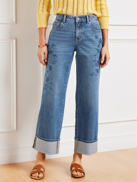 WIDE STRAIGHT ANKLE EMBROIDERED CUFF JEANS - BOTANICA WASH | Talbots