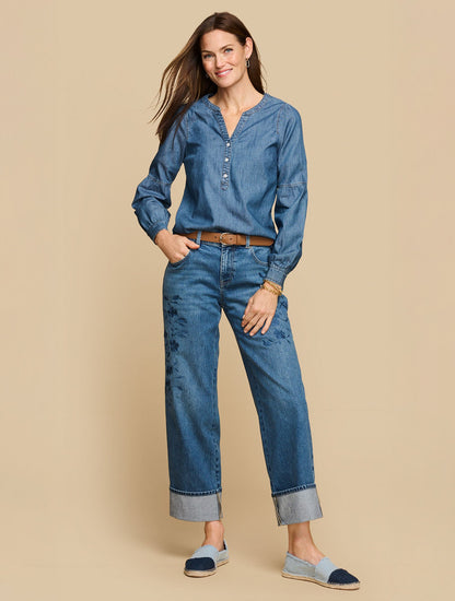 WIDE STRAIGHT ANKLE EMBROIDERED CUFF JEANS - BOTANICA WASH | Talbots
