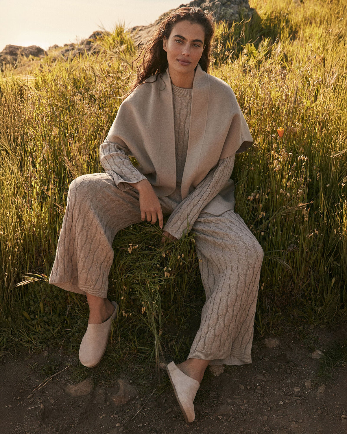 COTTON CASHMERE CABLE KNIT WIDE LEG PANTS | Talbots