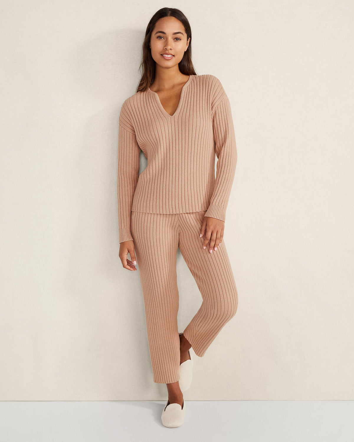 COTTON CASHMERE RIB V-NECK SWEATER | Talbots