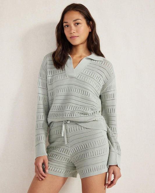 ORGANIC COTTON OPEN STITCH JOHNNY COLLAR SWEATER | Talbots