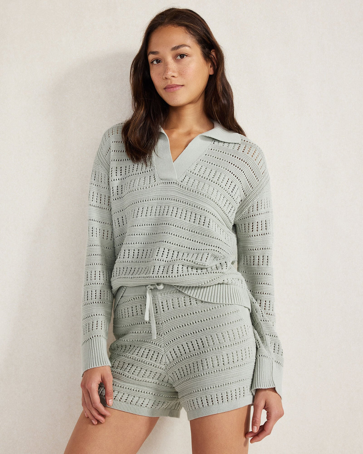 ORGANIC COTTON OPEN STITCH JOHNNY COLLAR SWEATER | Talbots