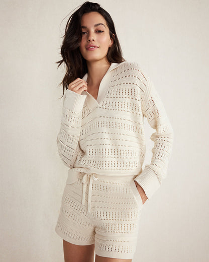 ORGANIC COTTON OPEN STITCH JOHNNY COLLAR SWEATER | Talbots