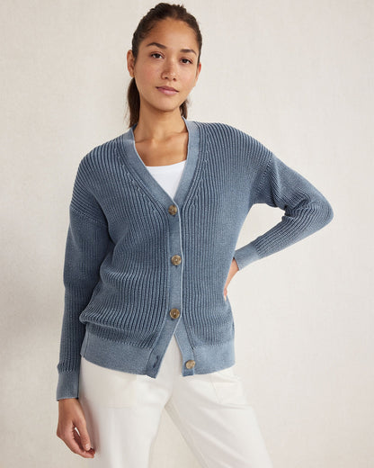 GARMENT-DYED ORGANIC COTTON SHAKER STITCH CARDIGAN | Talbots