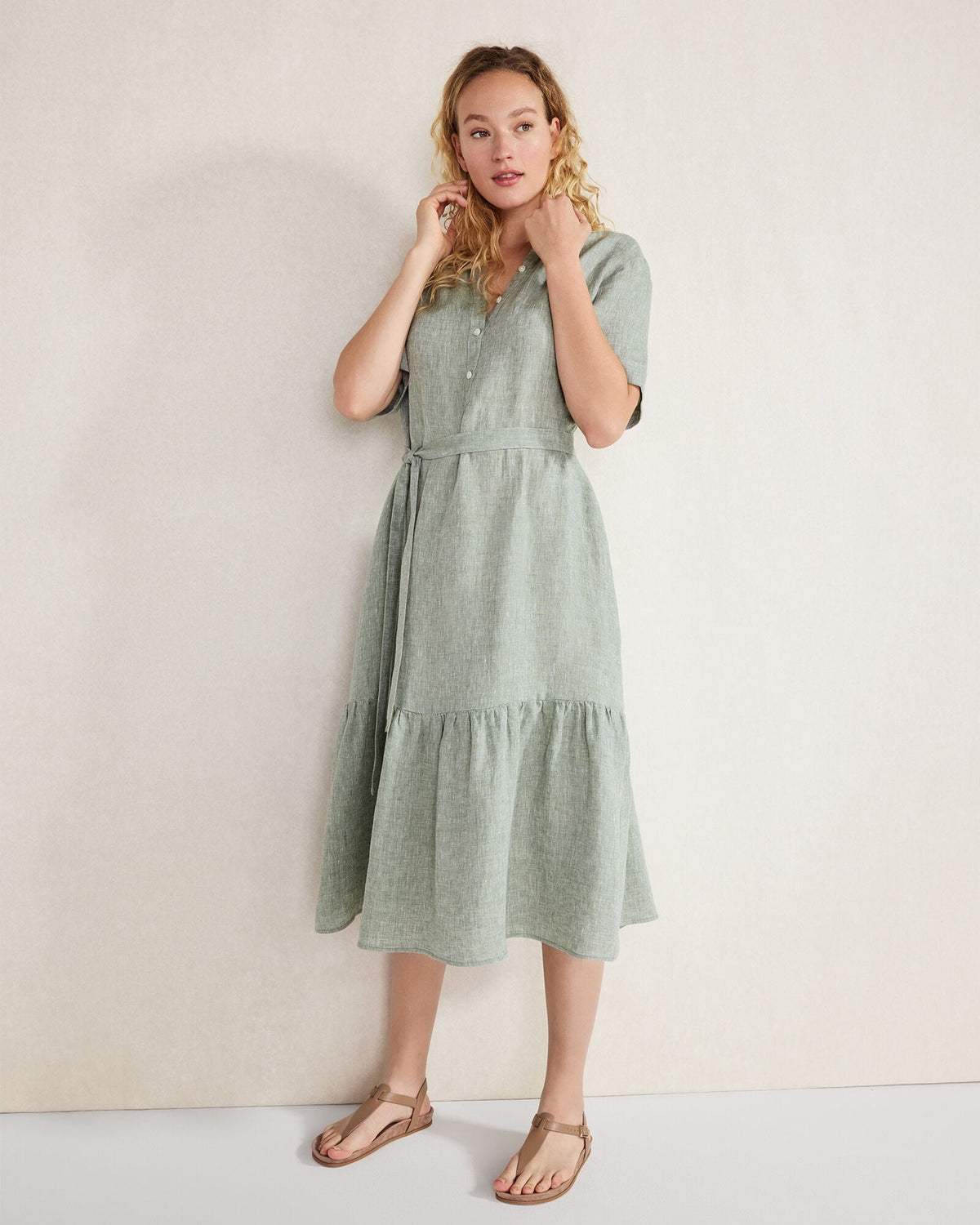 LINEN TIERED MIDI DRESS | Talbots