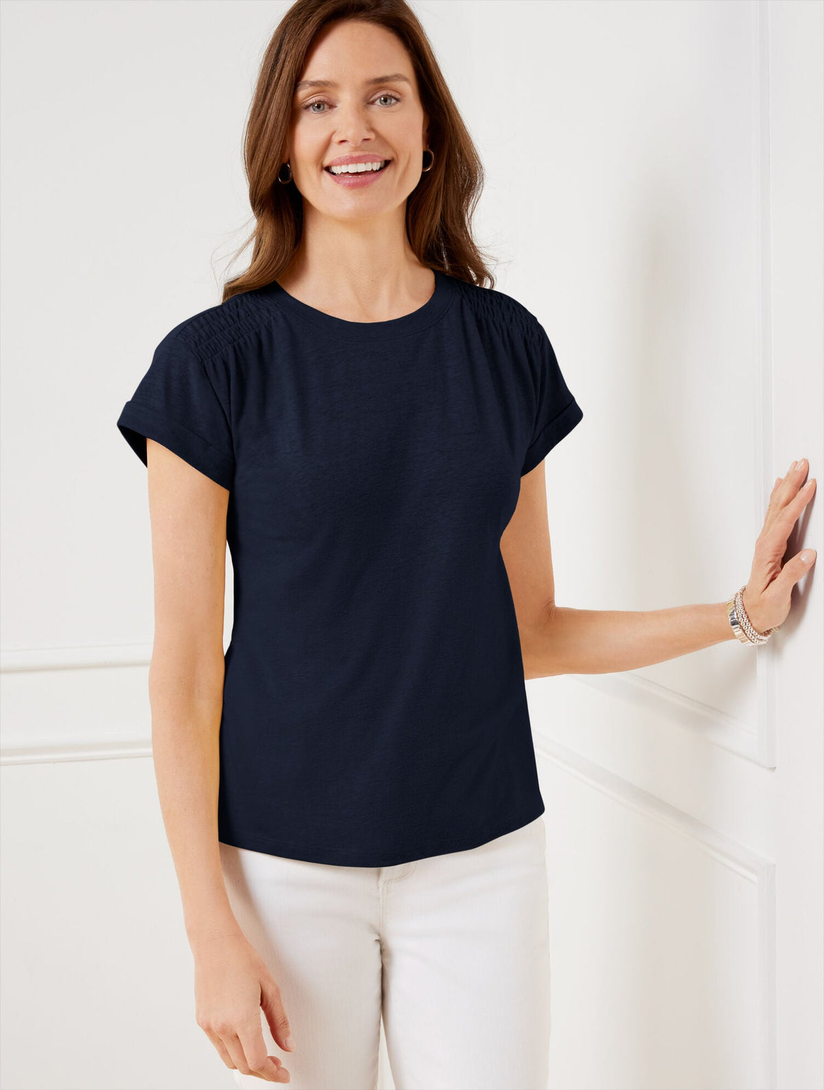 SMOCKED SHOULDER CREWNECK TEE | Talbots
