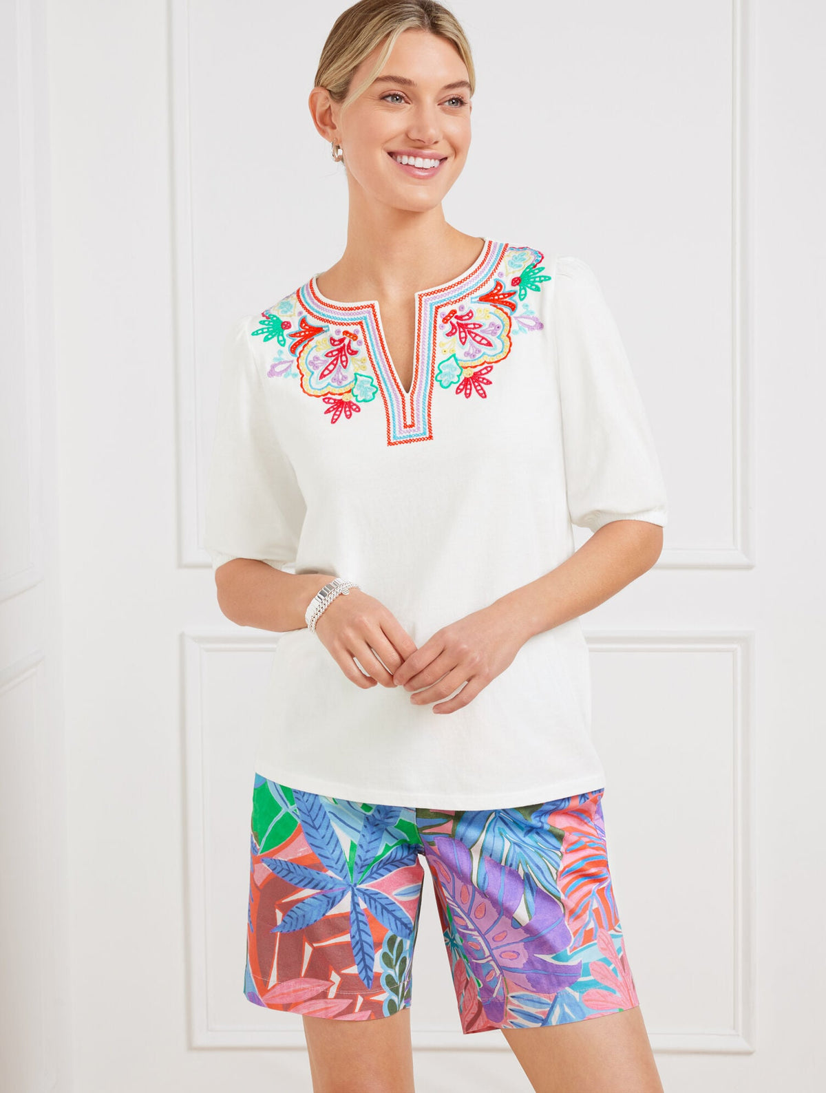 EMBROIDERED SPLIT NECK TOP | Talbots