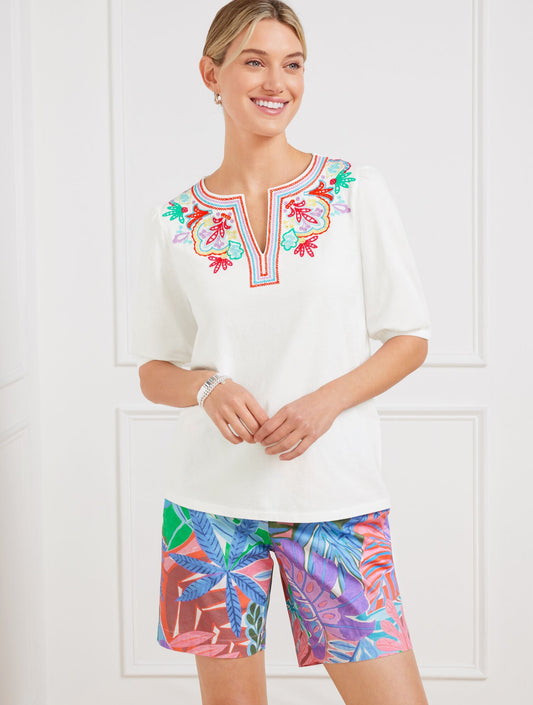 EMBROIDERED SPLIT NECK TOP | Talbots
