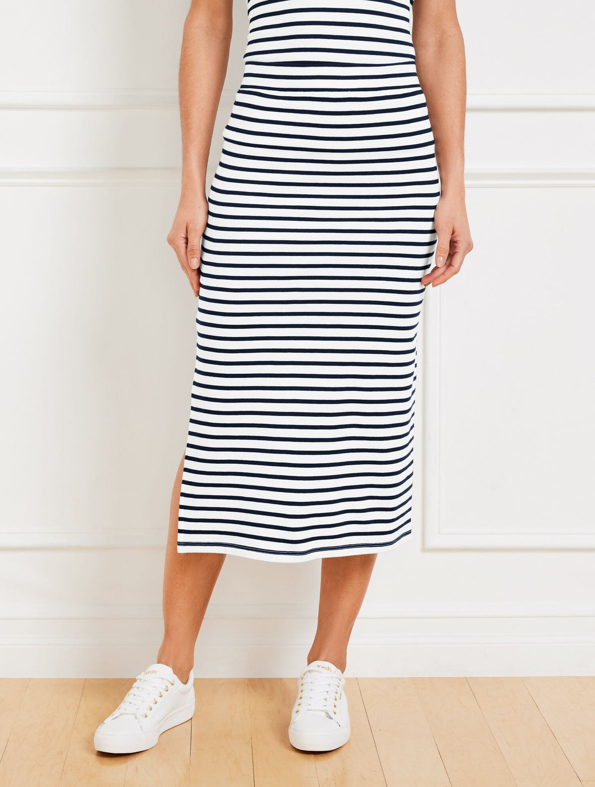 SEASIDE FRENCH TERRY STRIPE MIDI SKIRT | Talbots