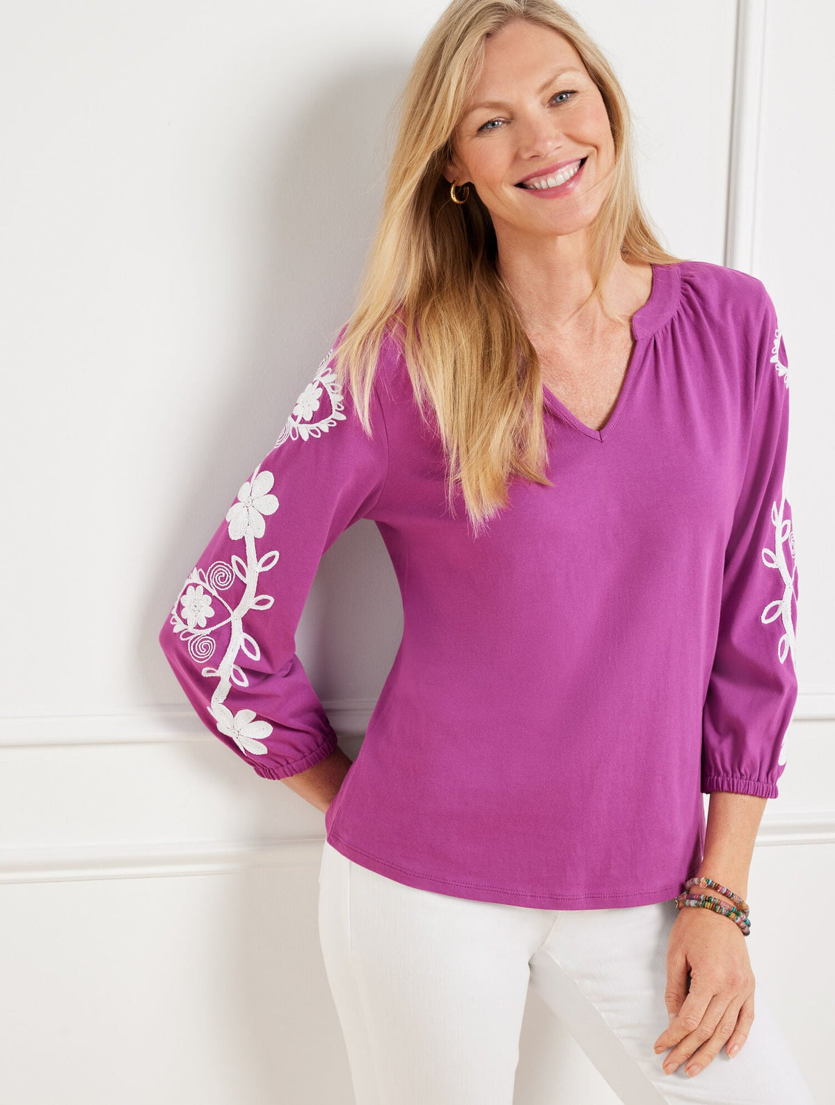 EMBROIDERED SPLIT NECK TEE | Talbots