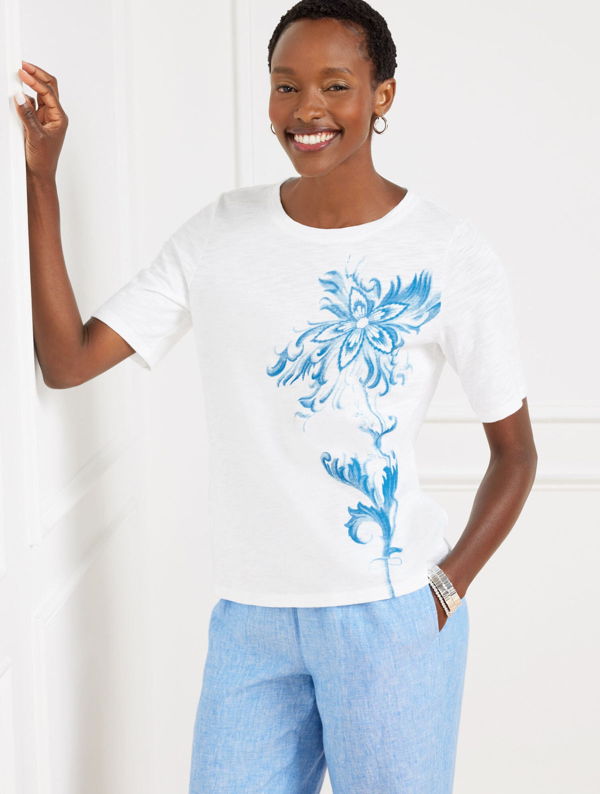 ELBOW SLEEVE CREWNECK TEE - OCEAN FLORA | Talbots