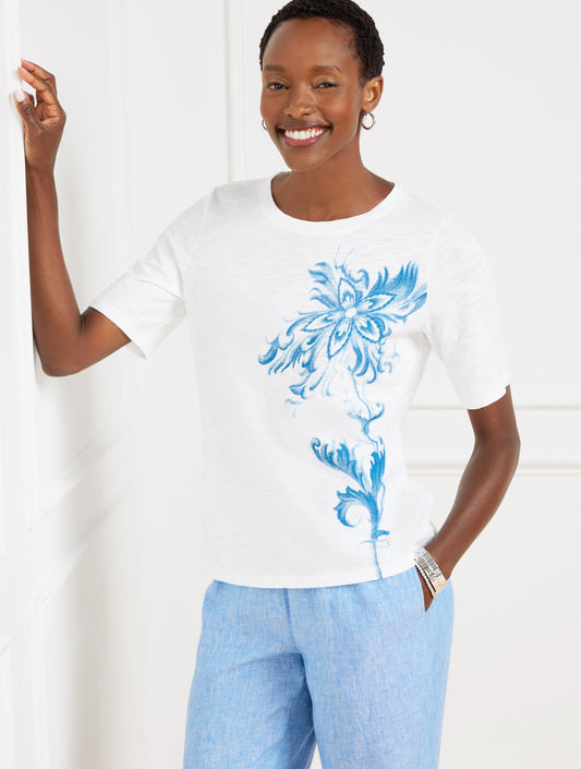ELBOW SLEEVE CREWNECK TEE - OCEAN FLORA | Talbots