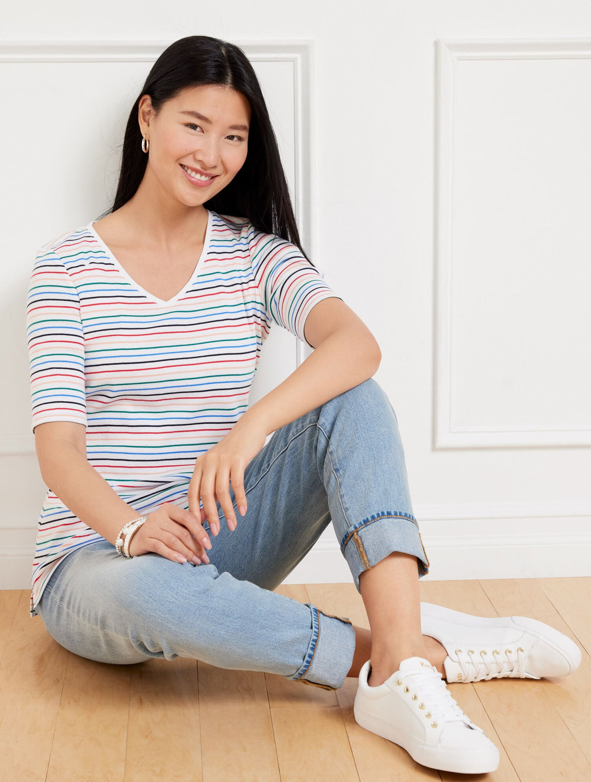 ELBOW SLEEVE V-NECK TEE - MARGOT STRIPE | Talbots