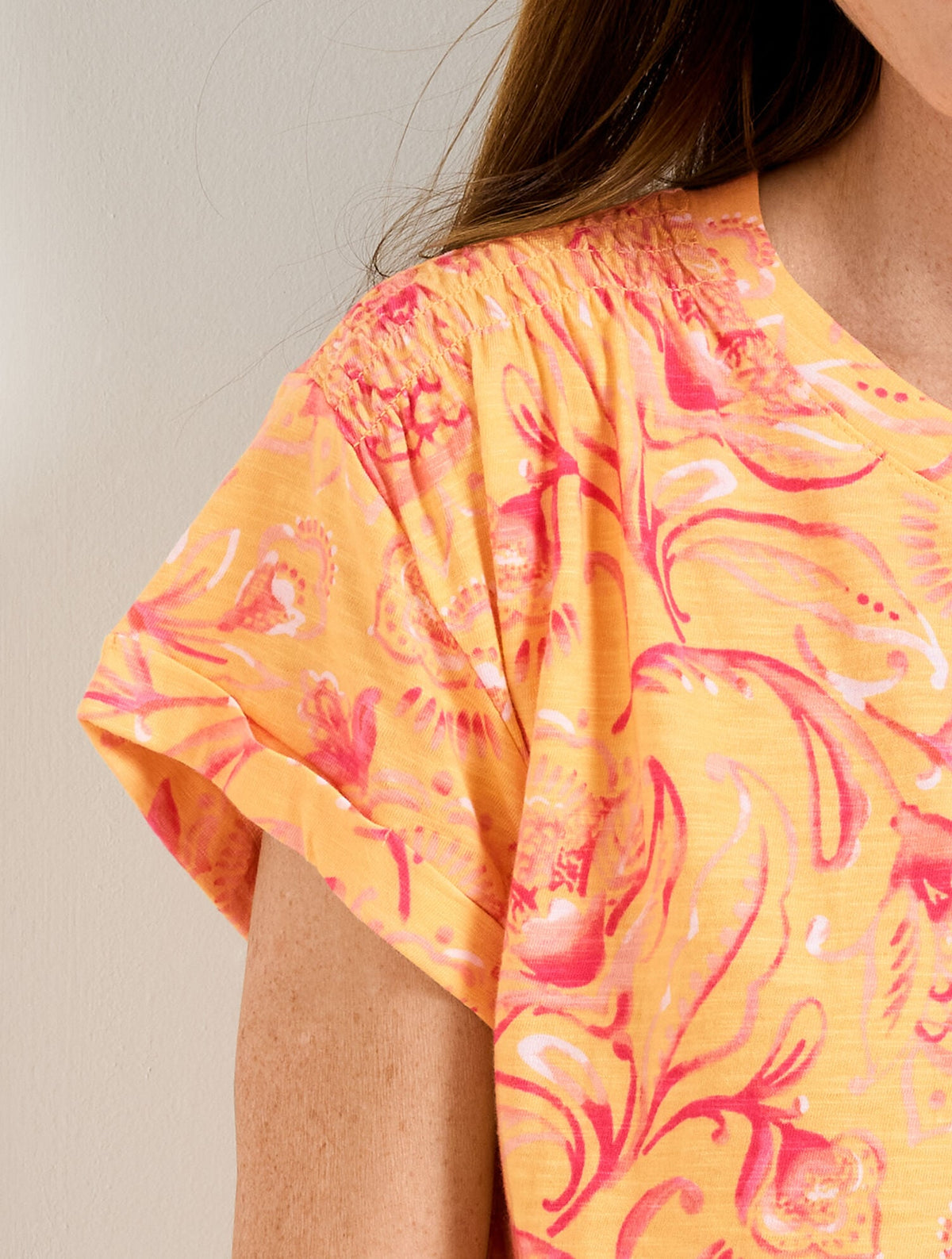 SMOCKED SHOULDER CREWNECK TEE - JACOBEAN FANTASIA | Talbots