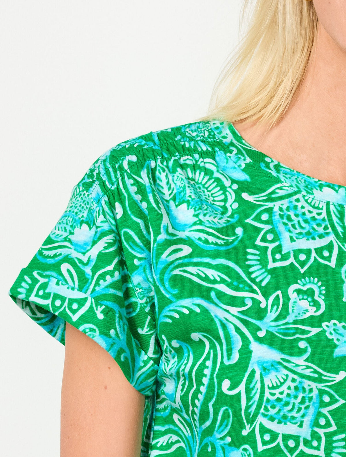 SMOCKED SHOULDER CREWNECK TEE - JACOBEAN FANTASIA | Talbots