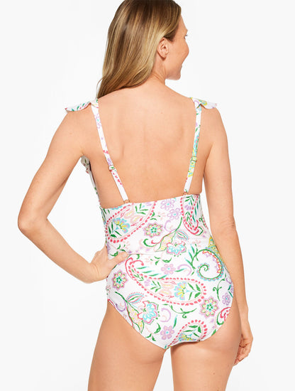 AQUA CLUB RUFFLE V-NECK ONE-PIECE SWIMSUIT - ISLAND PAISLEY | Talbots