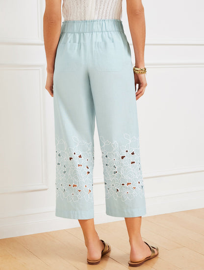 WIDE CROP PULL-ON EMBROIDERED WASHED LINEN PANTS | Talbots
