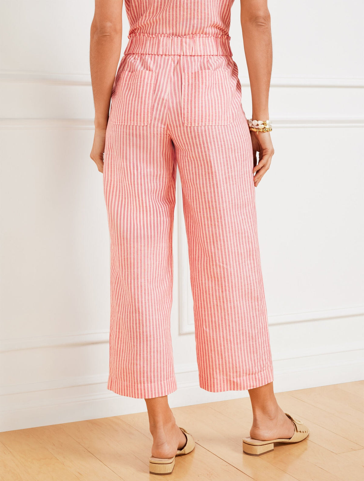 WIDE CROP PULL-ON WASHED LINEN PANTS - TONAL STRIPE | Talbots