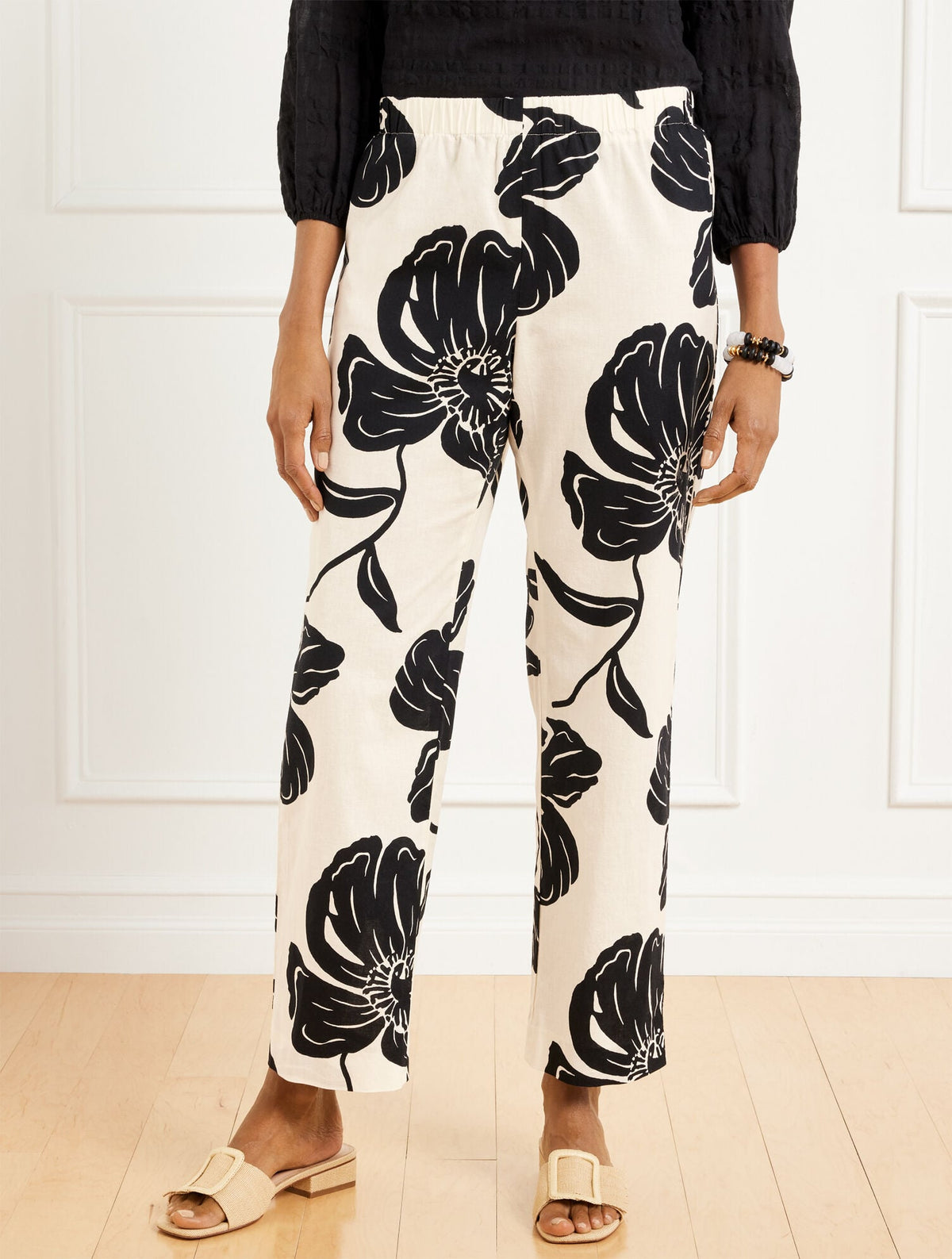 STRAIGHT ANKLE PULL-ON WASHED LINEN PANTS - STUNNING BLOOMS | Talbots