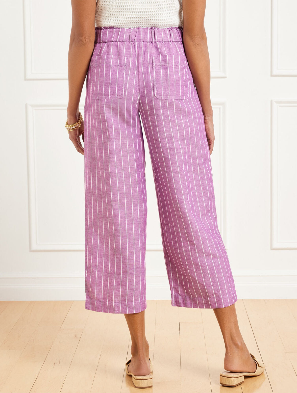 WIDE CROP WASHED LINEN PULL-ON PANTS - RIVIERA STRIPE | Talbots