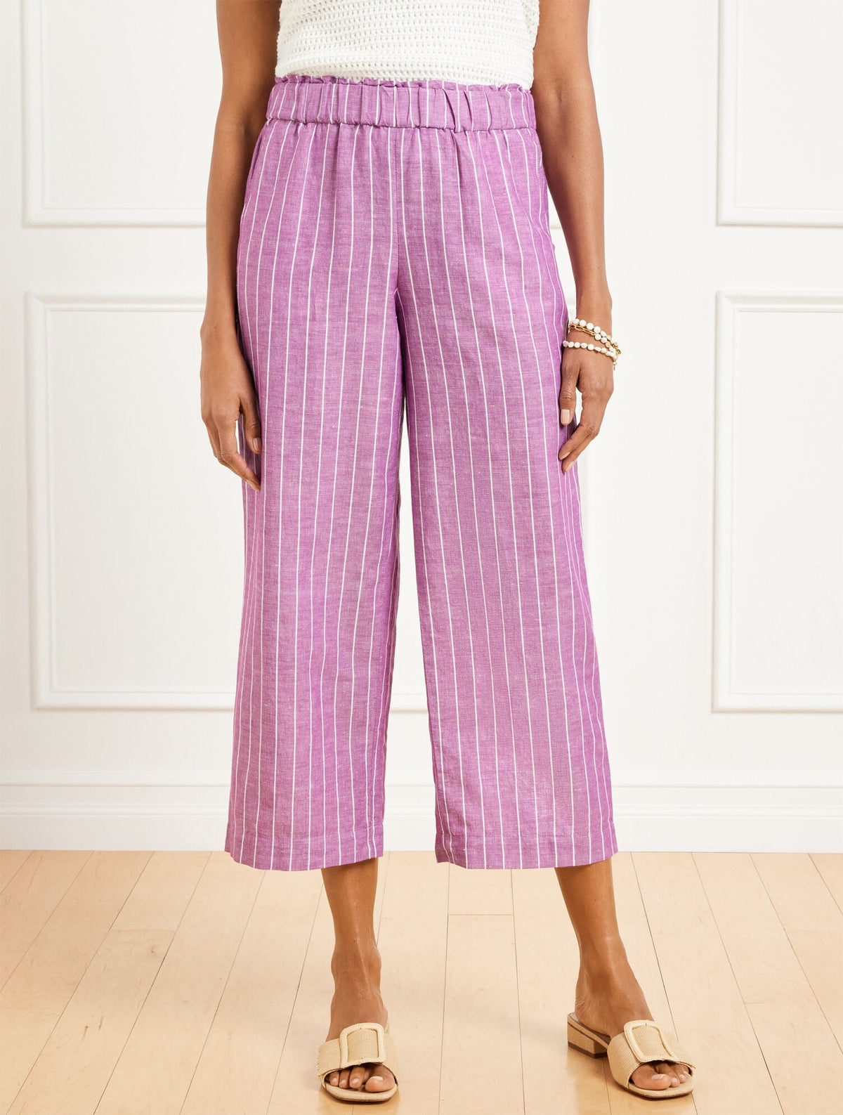 WIDE CROP WASHED LINEN PULL-ON PANTS - RIVIERA STRIPE | Talbots