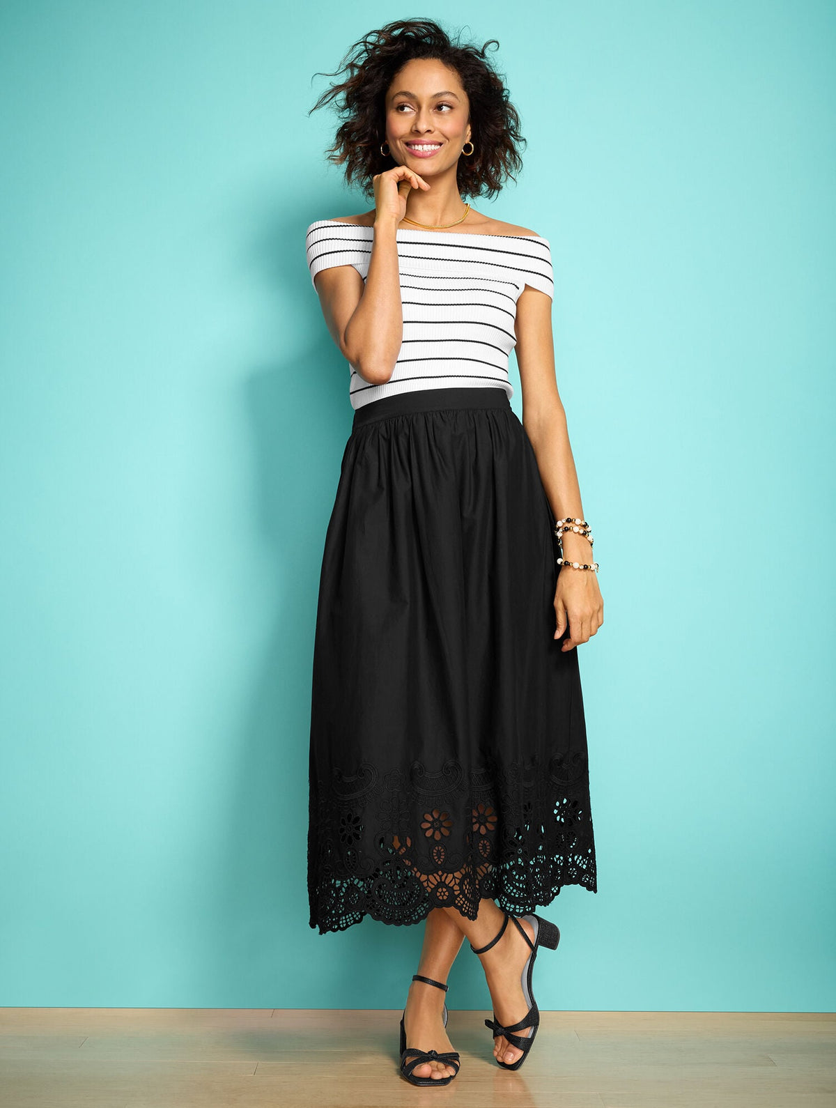 EMBROIDERED POPLIN FIT & FLARE MIDI SKIRT | Talbots
