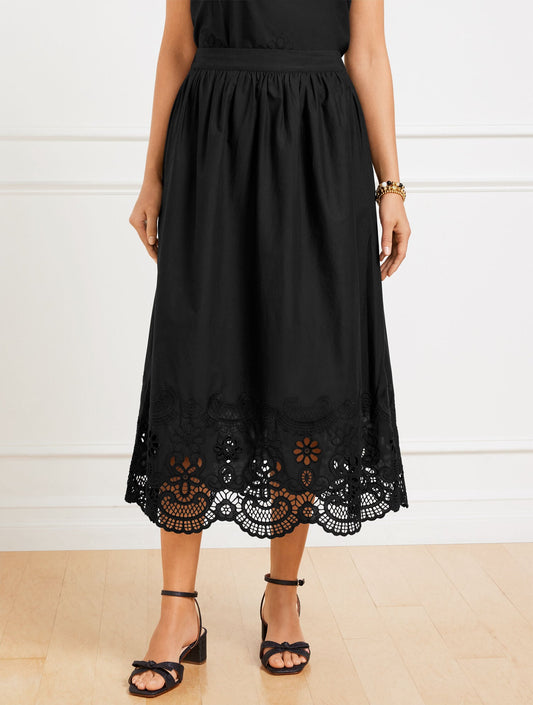 EMBROIDERED POPLIN FIT & FLARE MIDI SKIRT | Talbots