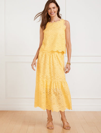 FLORAL DIAMOND EYELET FLOUNCE MIDI SKIRT | Talbots