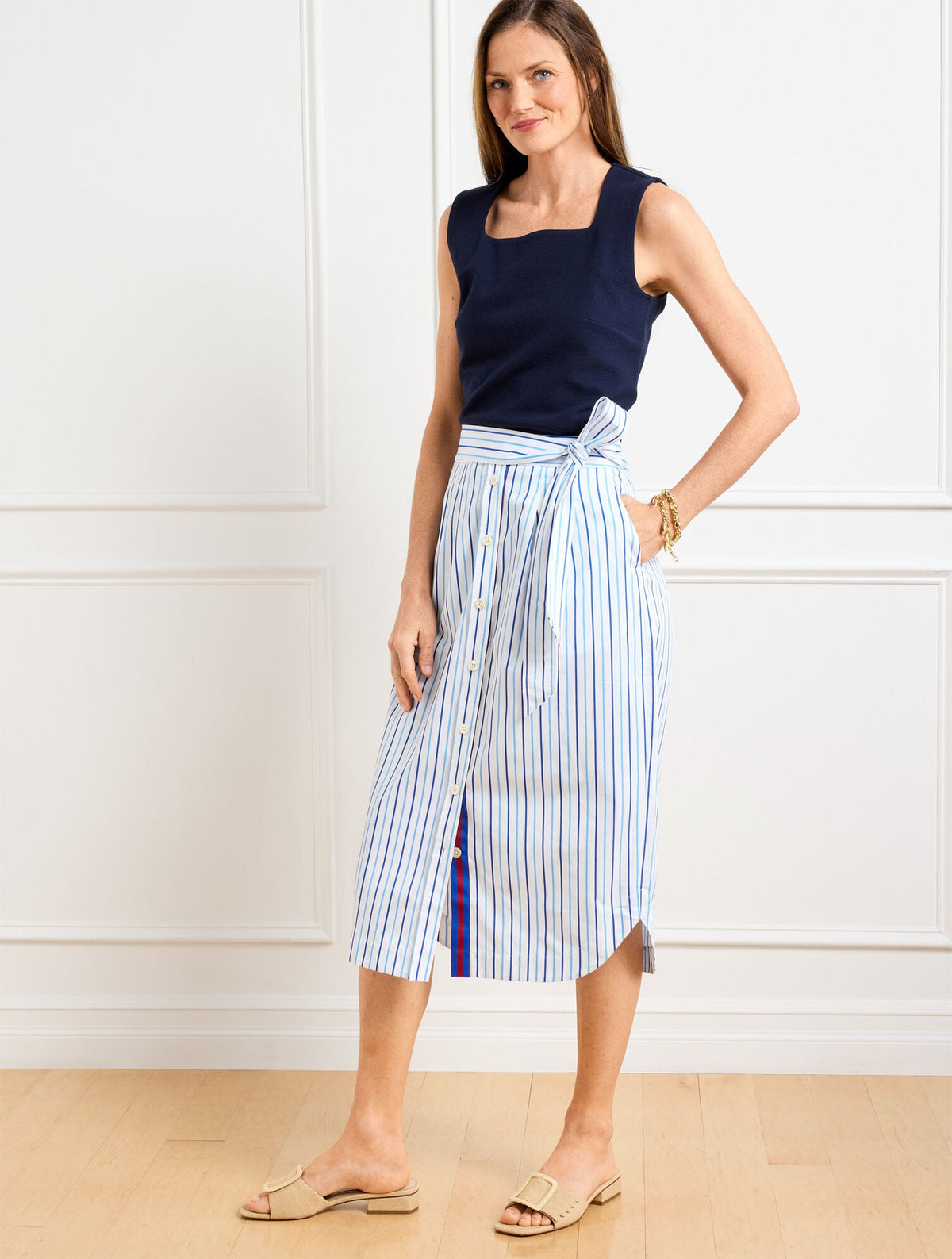 FRESH POPLIN TIE WAIST MIDI SKIRT - VERANDA STRIPE | Talbots