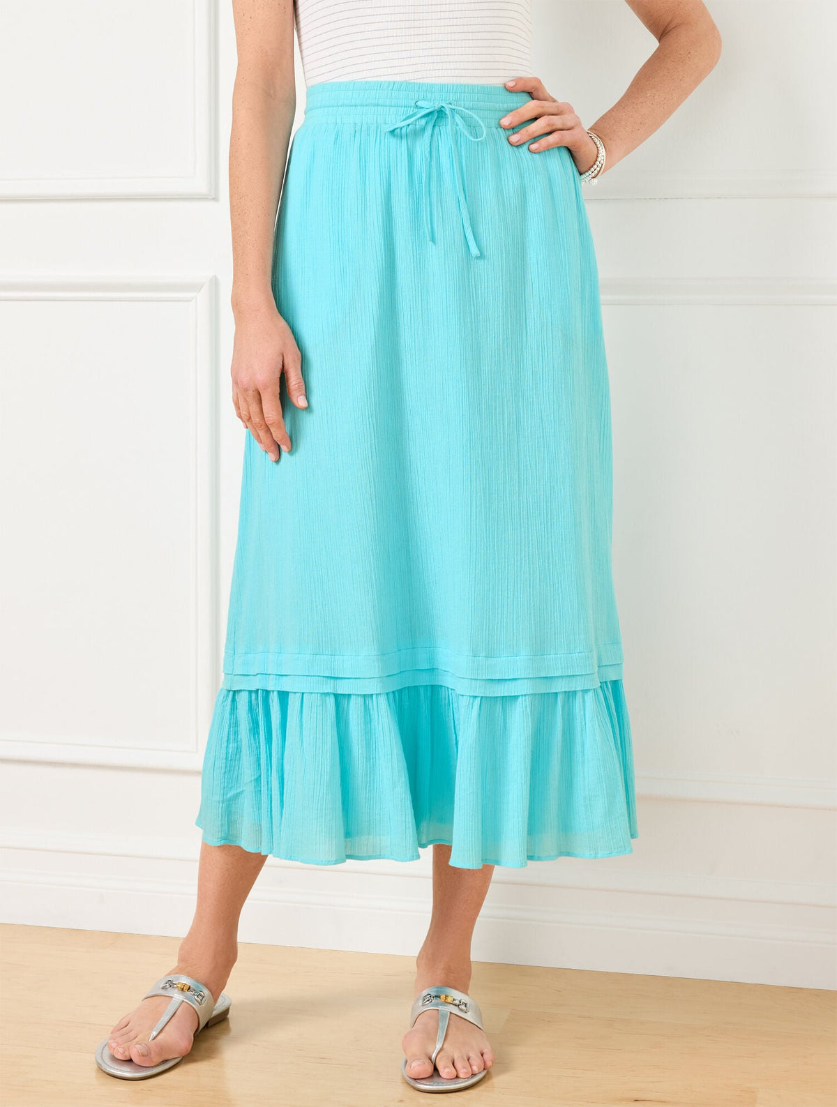CRINKLE GAUZE TIERED MIDI SKIRT | Talbots