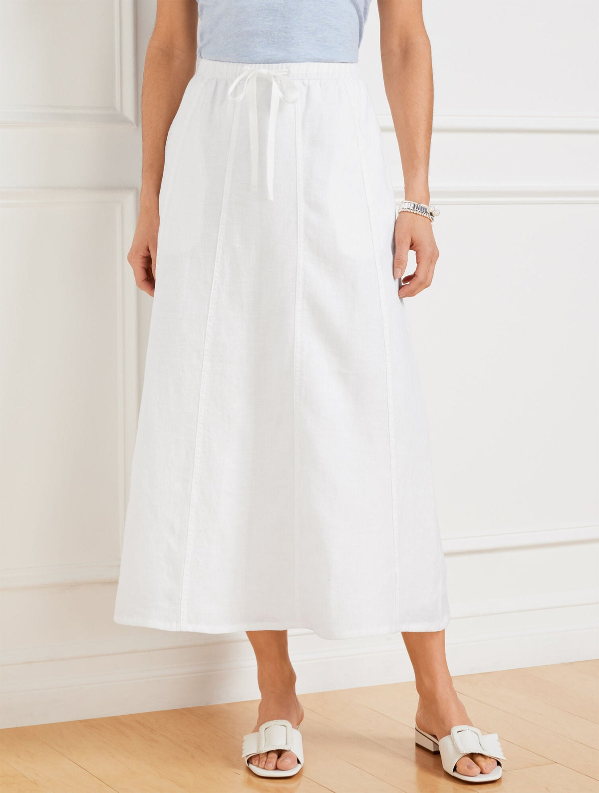 LINEN DRAWSTRING MIDI SKIRT - WHITE | Talbots