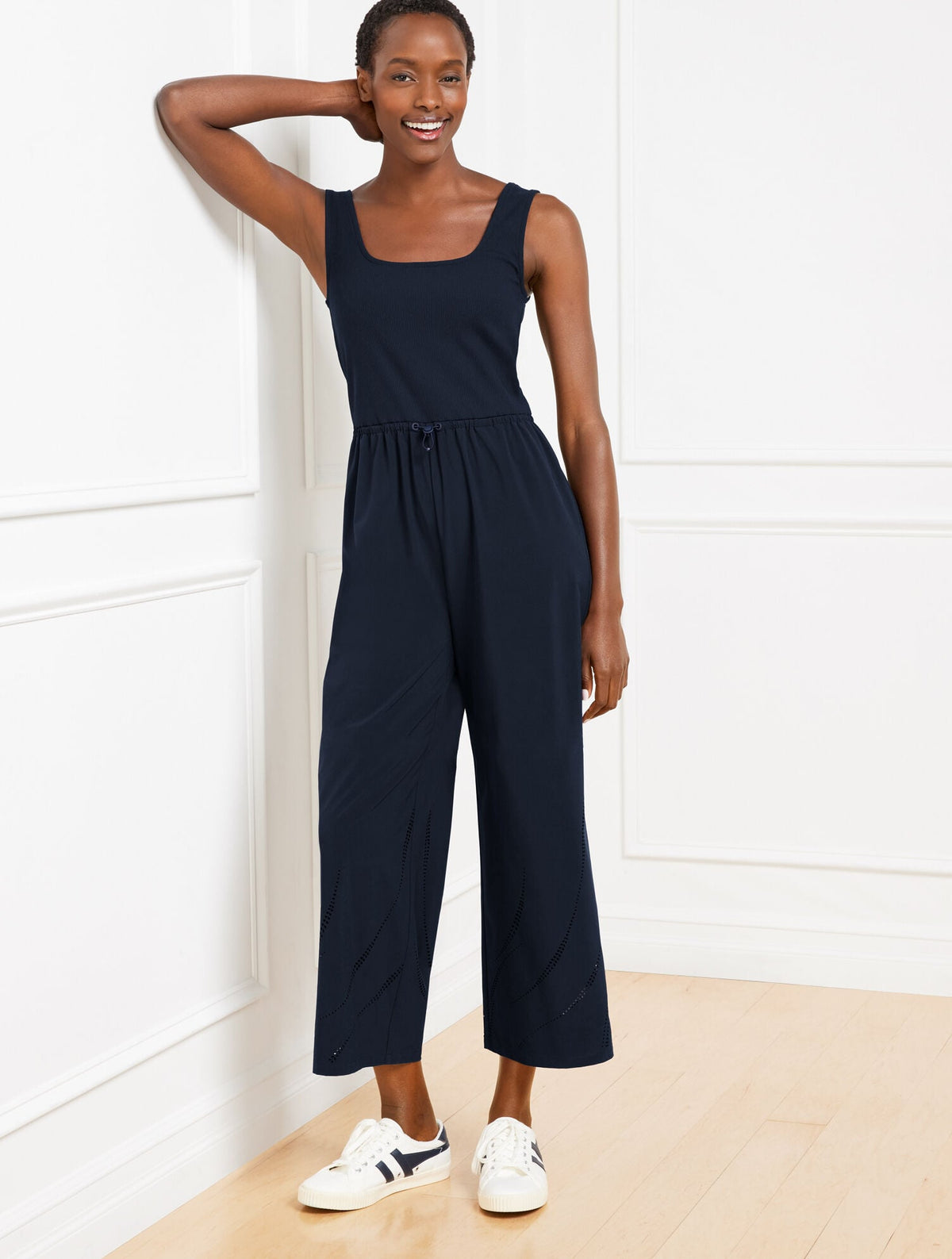 MIXED MEDIA SQUARE NECK JUMPSUIT | Talbots