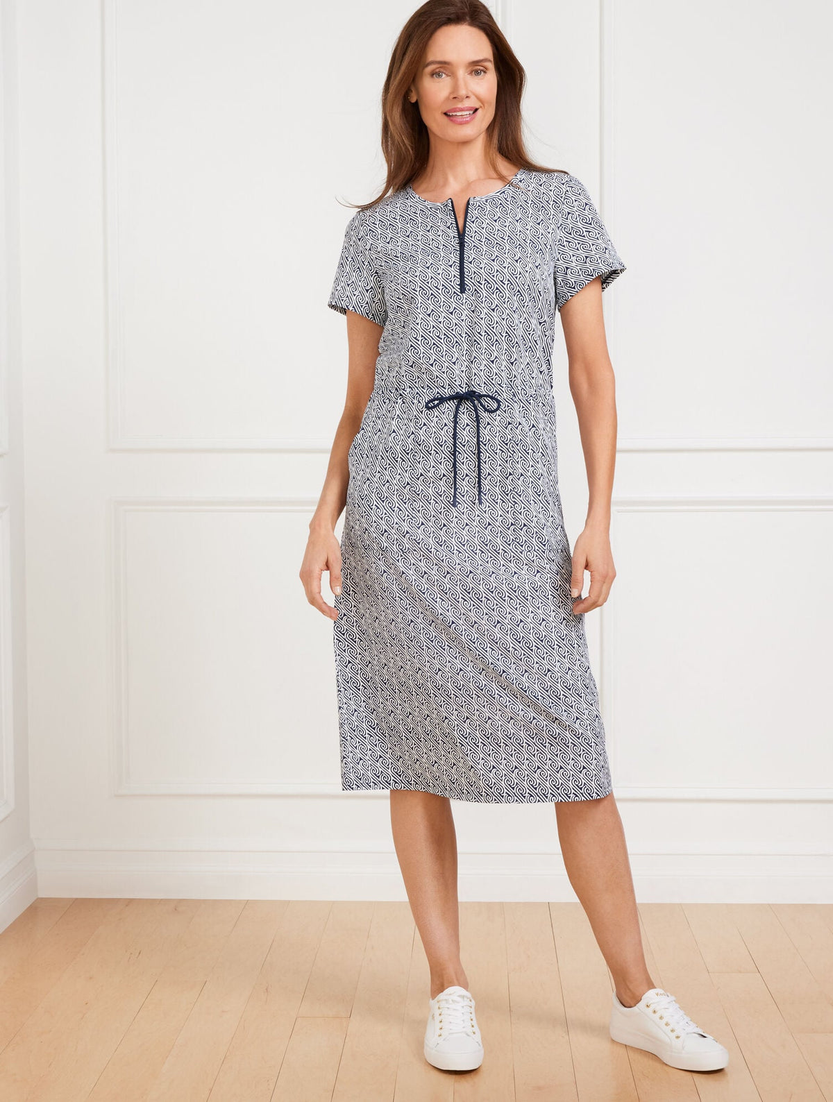 LIGHTWEIGHT WOVEN STRETCH DRAWSTRING WAIST DRESS - WATER SWIRLS | Talbots