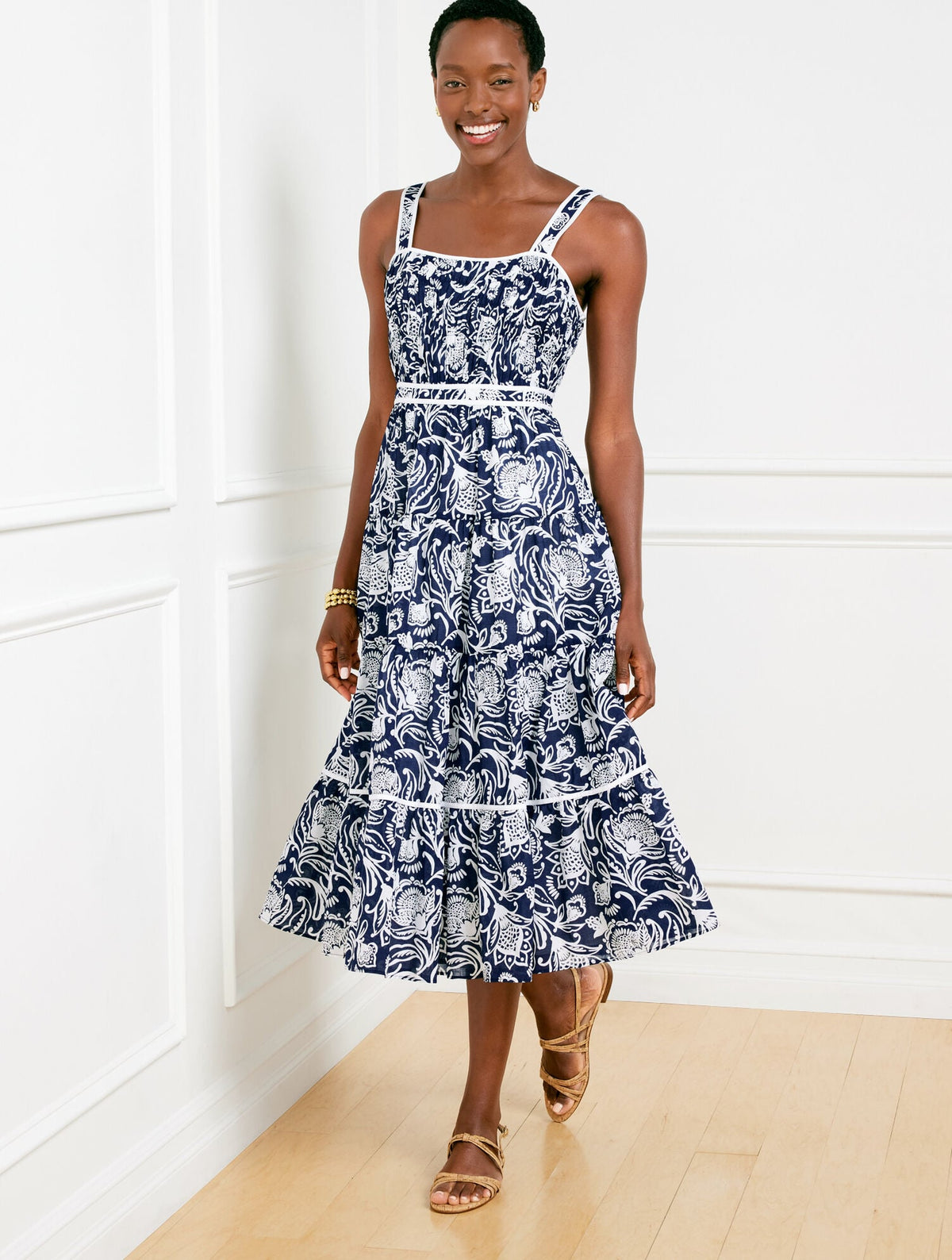 TIERED FIT & FLARE DRESS - DISTRESSED JACOBEAN | Talbots