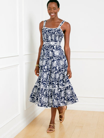 TIERED FIT & FLARE DRESS - DISTRESSED JACOBEAN | Talbots