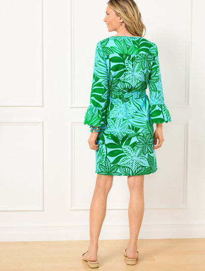 RUFFLE CUFF BELTED LINEN BLEND DRESS - WATERCOLOR BOTANICAL | Talbots
