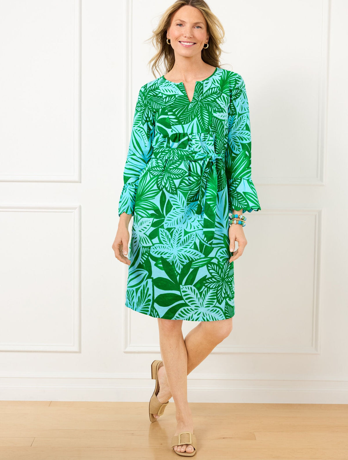 RUFFLE CUFF BELTED LINEN BLEND DRESS - WATERCOLOR BOTANICAL | Talbots