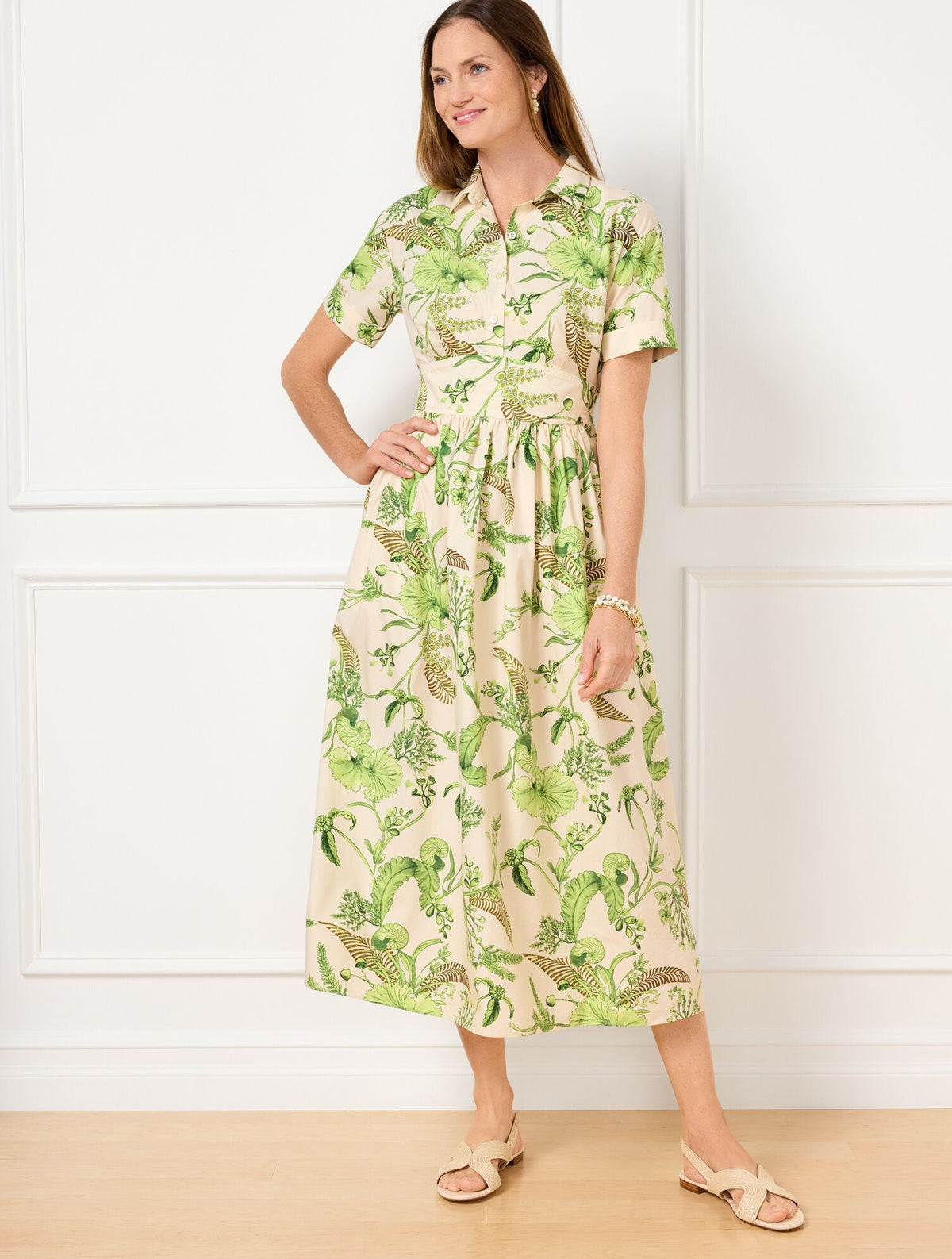 MODERN POPLIN SMOCKED MIDI DRESS - BRANCHING FLORAL | Talbots