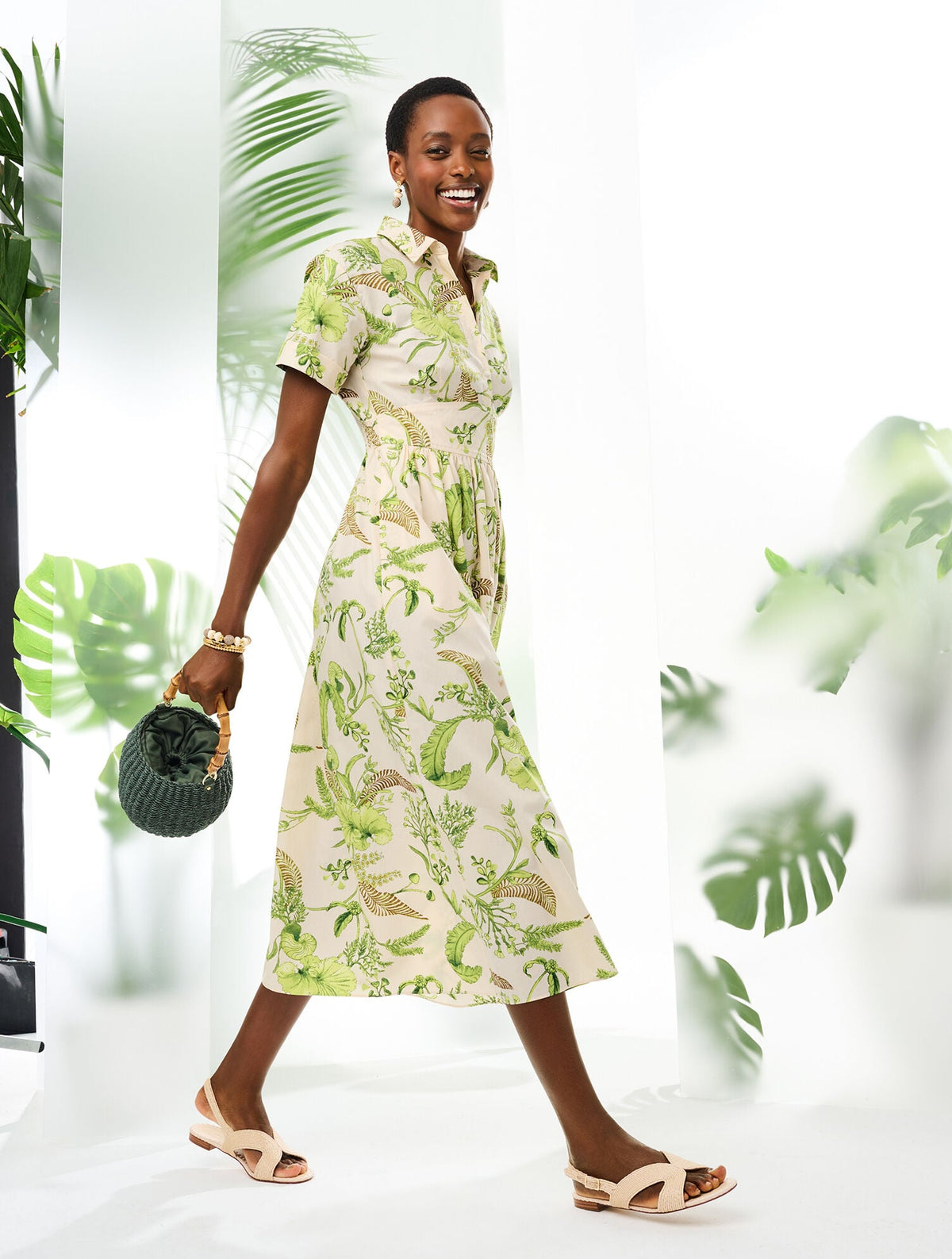 MODERN POPLIN SMOCKED MIDI DRESS - BRANCHING FLORAL | Talbots