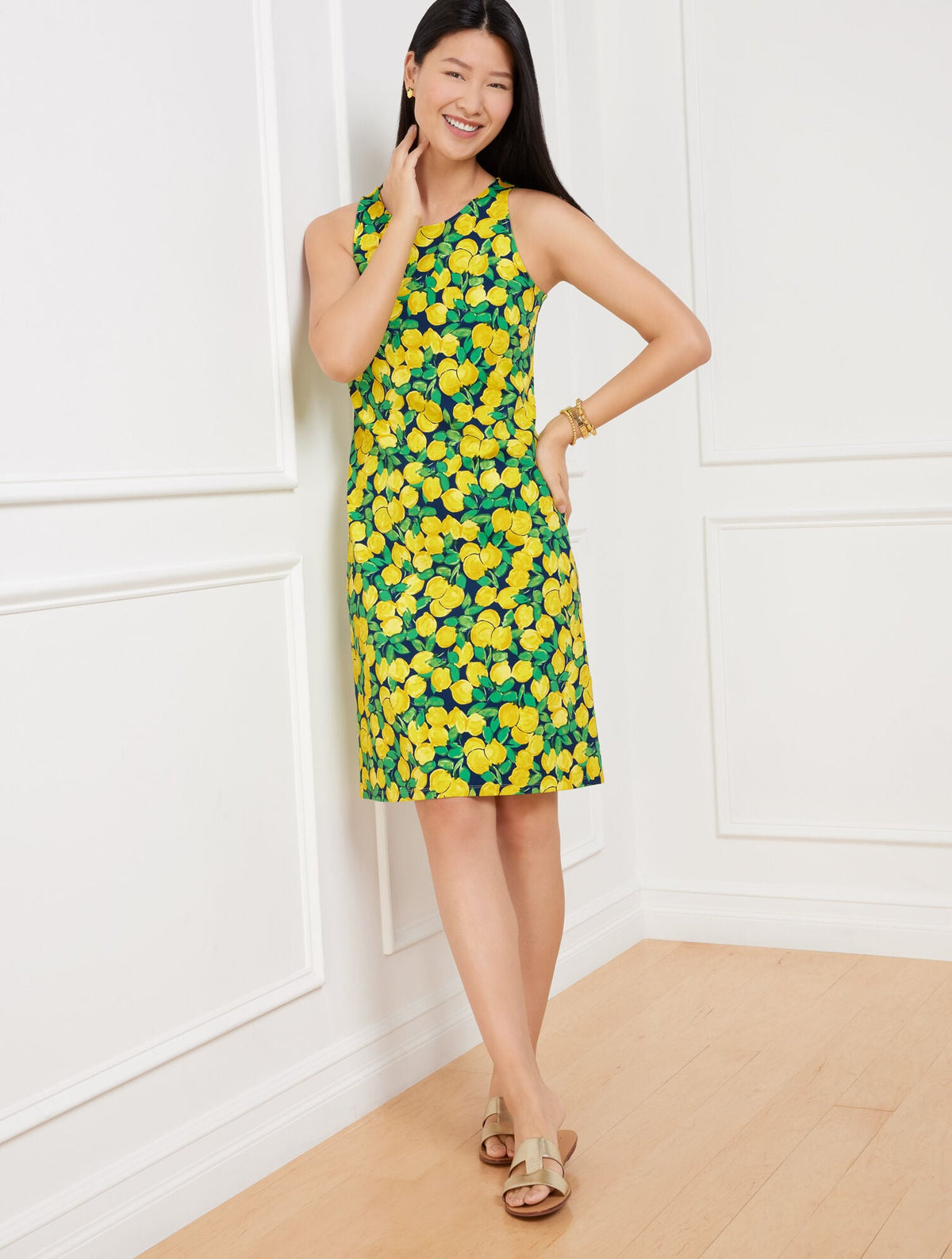 EFFORTLESS JERSEY SLEEVELESS SHIFT DRESS - LEMON BUNCHES | Talbots