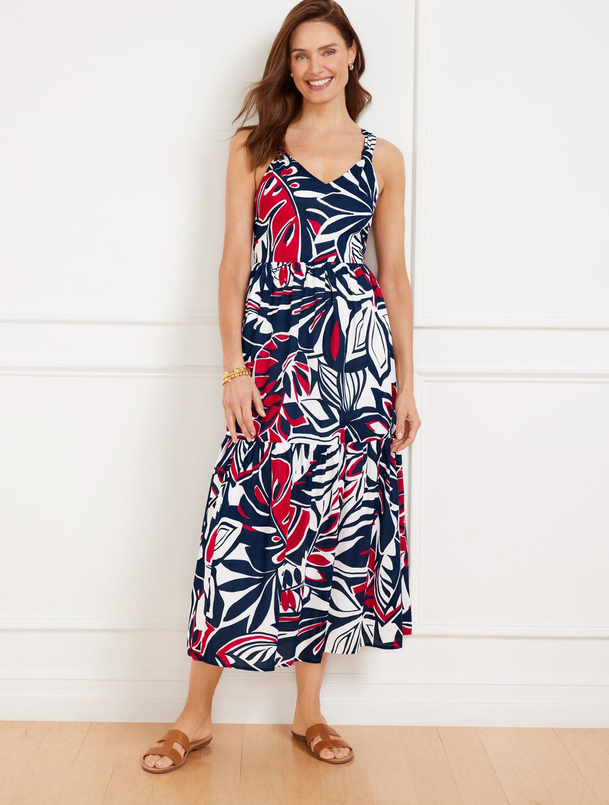 TIERED FIT & FLARE MIDI DRESS - EXPRESSIVE PALMS | Talbots