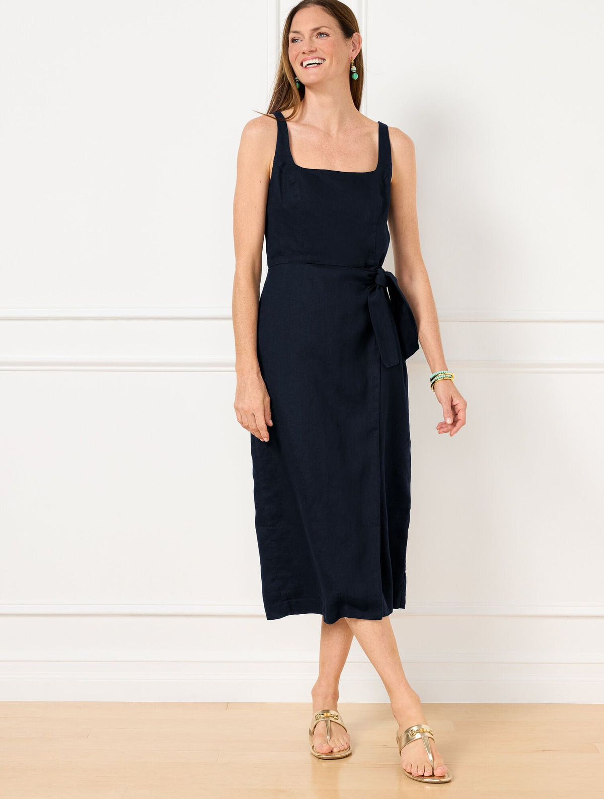 SQUARE NECK WRAP LINEN DRESS | Talbots