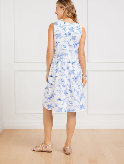 LINEN BLEND SWING DRESS - OCEAN FLORA | Talbots
