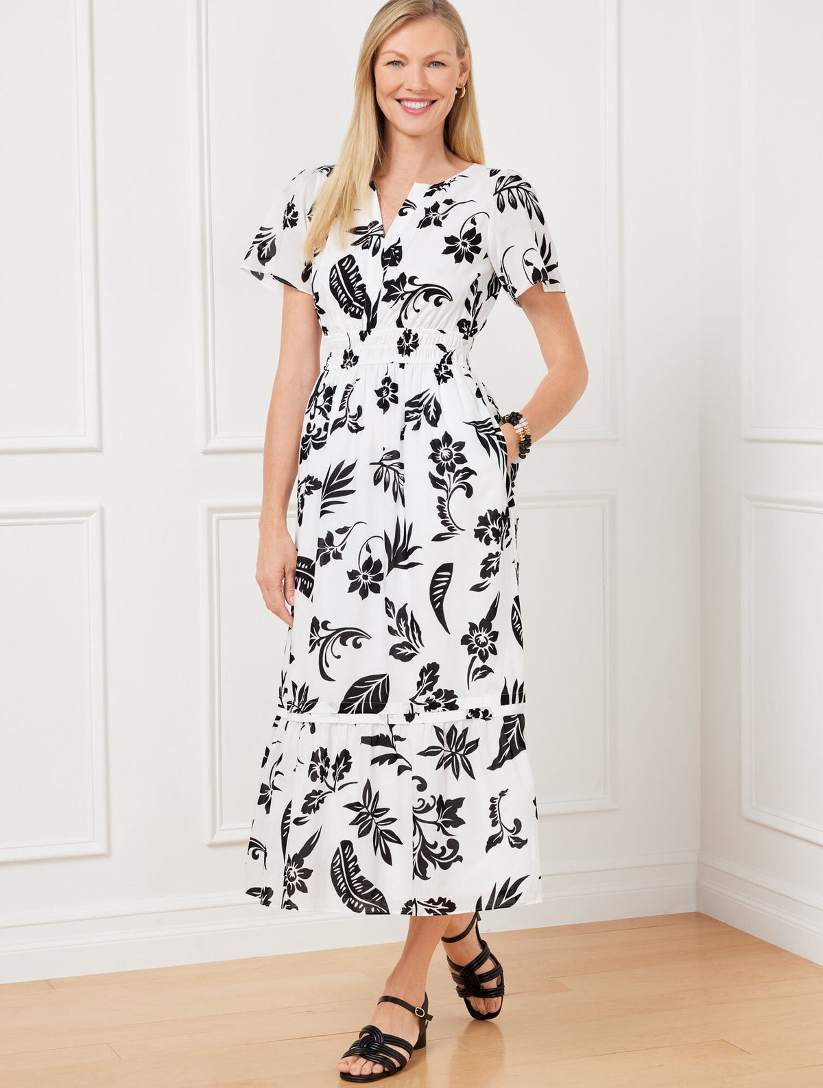 FLUTTER SLEEVE MIDI DRESS - SILHOUETTE PALMS | Talbots