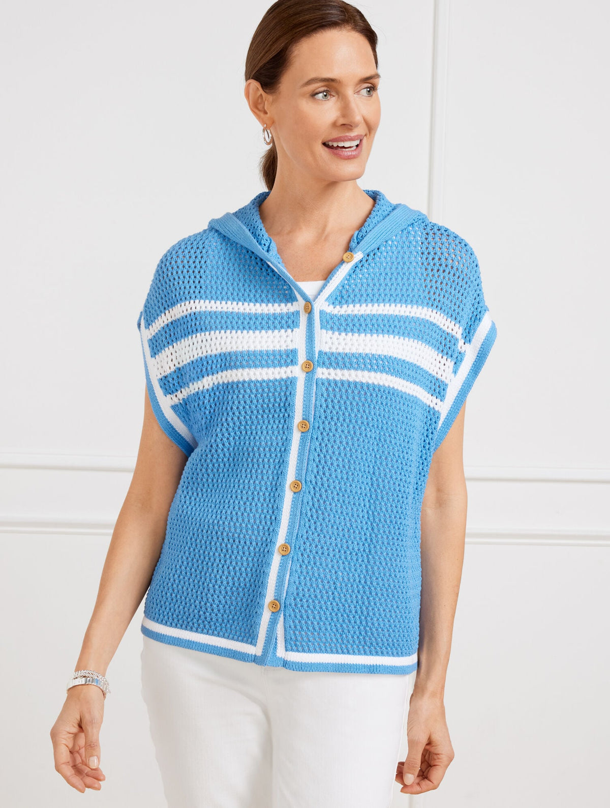 OPEN STITCH HOODED STRIPED PONCHO | Talbots