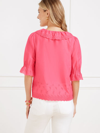 EMBROIDERED EYELET RUFFLE TOP | Talbots
