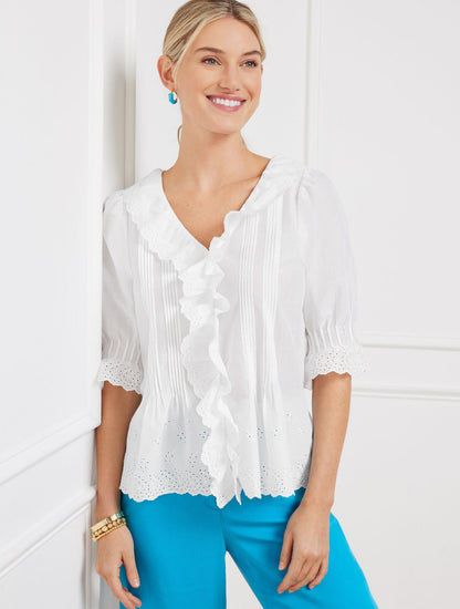 EMBROIDERED EYELET RUFFLE TOP | Talbots