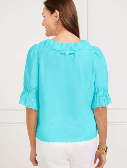EMBROIDERED EYELET RUFFLE TOP | Talbots